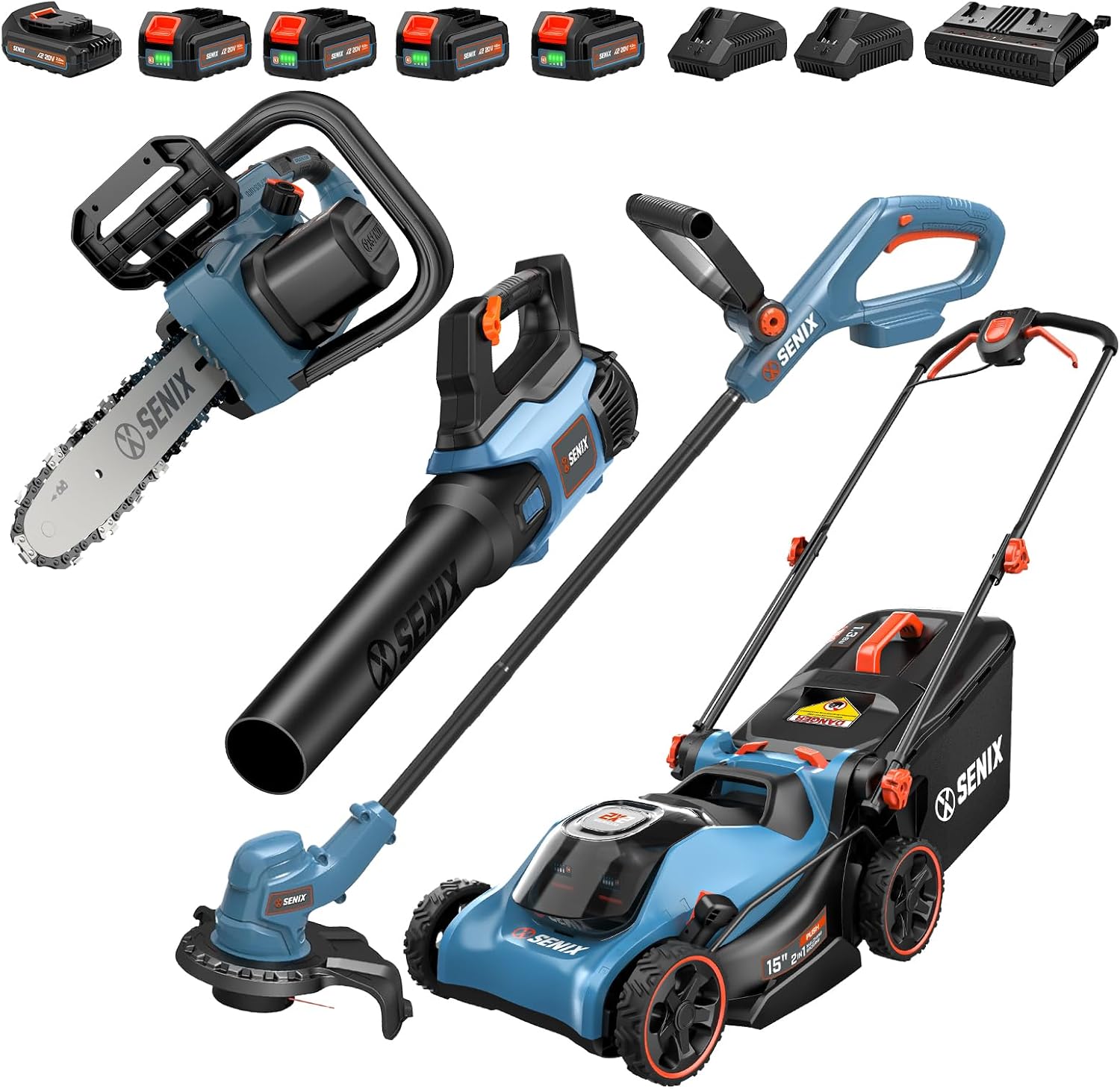 SENIX X2 40V 15-inch Cordless Lawn Mower | X2 20V String Trimmer, Leaf Blower, and Chainsaw [4-Piece Set], Includes 2.5Ah, (4) 4.0Ah Batteries, and (3) Chargers